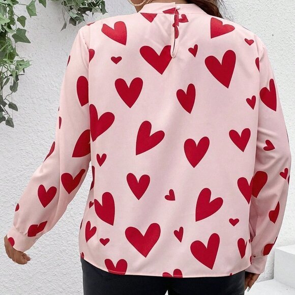 Pink Casual Women's Heart Print Stand Collar Shirt - Picture 2 of 5